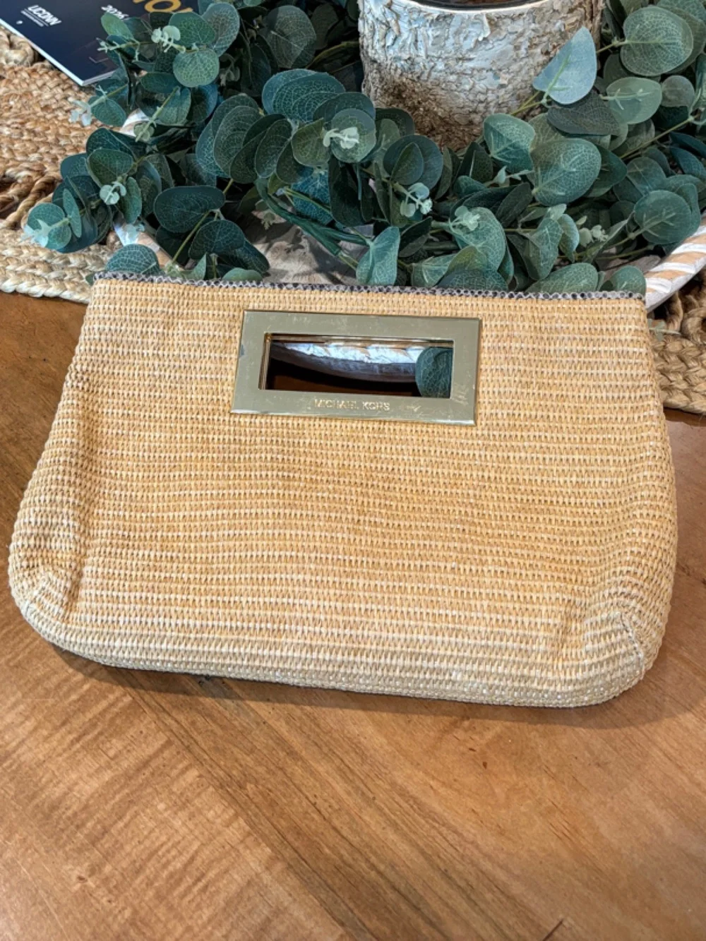 Michael Kors Berkley Straw Woven Clutch Bag